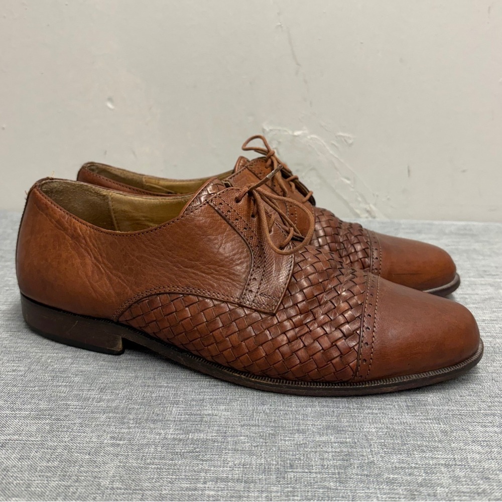 The J. Peterman Co Oxfords Mens 7 M Brown Woven Cap Toe Leather Made in Italy